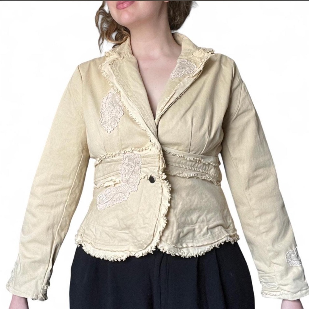 Bisou Bisou Cropped Jacket Lace Womens 14 M/L Beige Boho Y2K Blazer Shabby Chic